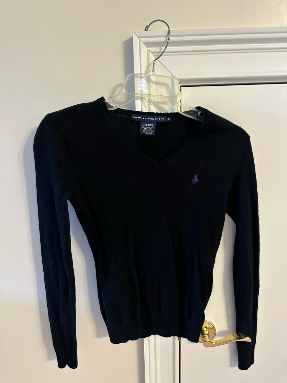 Ralph Lauren Black V-Neck Sweater with Purple Pony Logo